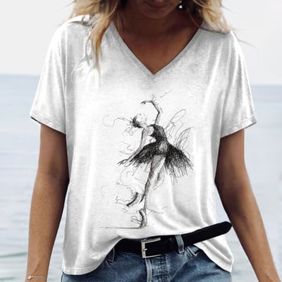 Ženske prevelike majice s V-izrezom, kratkim rukavima, majica kratkih rukava, jednostavnost s 3d printom, odjeća za van, odjevna odjeća, ljetni pulover