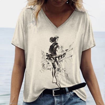 Ženske prevelike majice s V-izrezom, kratkim rukavima, majica kratkih rukava, jednostavnost s 3d printom, odjeća za van, odjevna odjeća, ljetni pulover