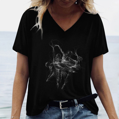 Ženske prevelike majice s V-izrezom, kratkim rukavima, majica kratkih rukava, jednostavnost s 3d printom, odjeća za van, odjevna odjeća, ljetni pulover