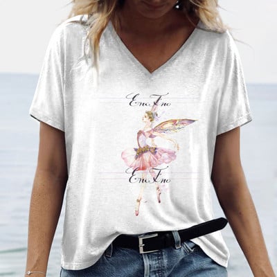 Ženske prevelike majice s V-izrezom, kratkim rukavima, majica kratkih rukava, jednostavnost s 3d printom, odjeća za van, odjevna odjeća, ljetni pulover