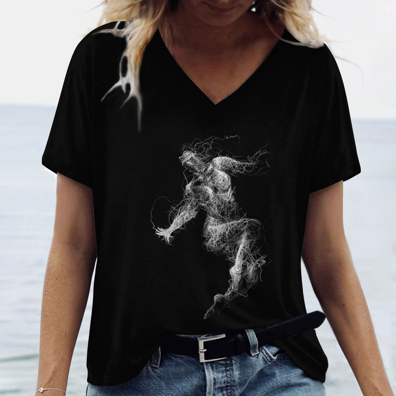 Ženske prevelike majice s V-izrezom, kratkim rukavima, majica kratkih rukava, jednostavnost s 3d printom, odjeća za van, odjevna odjeća, ljetni pulover