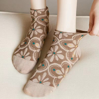 5 чифта Дамски реколта Етнически цветя Къси чорапи Памук Korea Harajuku Kawaii Сладки Skarpetkie Damski Floral Girls Ankle Sox