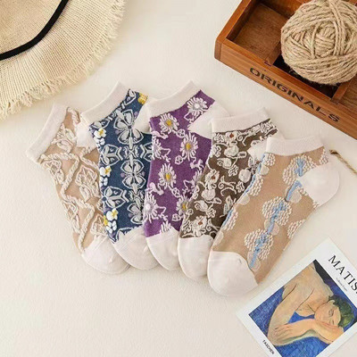 5 pár női vintage etnikai virágok rövid zokni pamut Korea Harajuku Kawaii Aranyos Skarpetkie Damski Virágos lányok Boka Sox