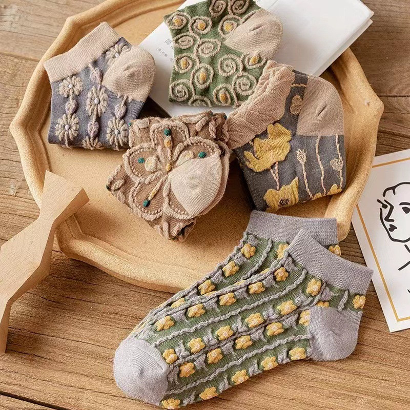 5 pár női vintage etnikai virágok rövid zokni pamut Korea Harajuku Kawaii Aranyos Skarpetkie Damski Virágos lányok Boka Sox