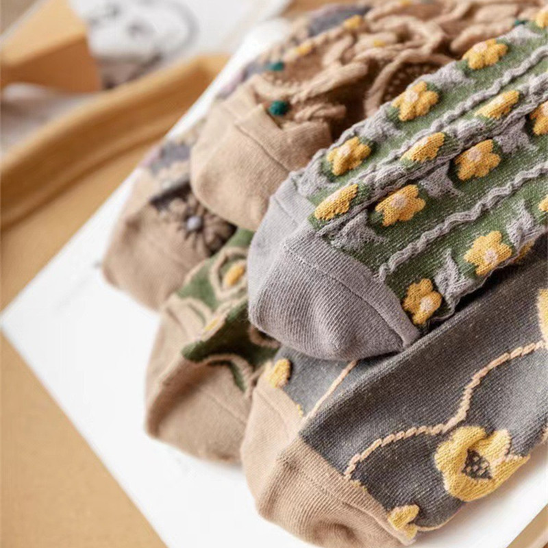 5 pár női vintage etnikai virágok rövid zokni pamut Korea Harajuku Kawaii Aranyos Skarpetkie Damski Virágos lányok Boka Sox