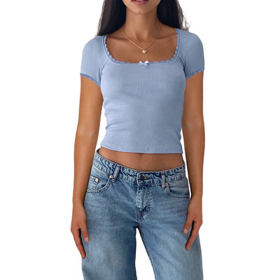 Ženska rebrasta majica kratkih rukava, pletena majica s četvrtastim izrezom, uske majice za izlaske