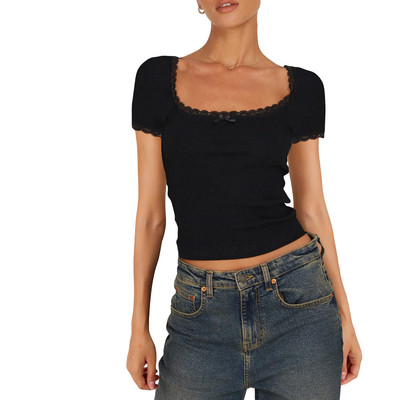 Ženska rebrasta majica kratkih rukava, pletena majica s četvrtastim izrezom, uske majice za izlaske