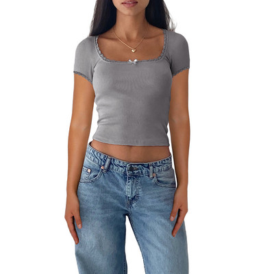 Ženska rebrasta majica kratkih rukava, pletena majica s četvrtastim izrezom, uske majice za izlaske