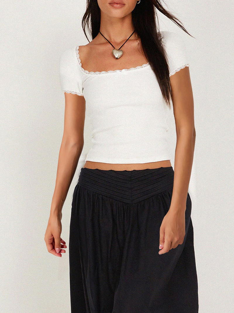 ​Ženska rebrasta majica kratkih rukava, pletena majica s četvrtastim izrezom, uske majice za izlaske