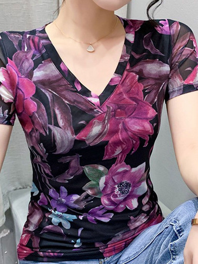 S-3XL Lady Summer Mesh póló V nyakú rövid ujjú divatos nyomott virágos felsők Női rugalmas vékony pólók FF6809