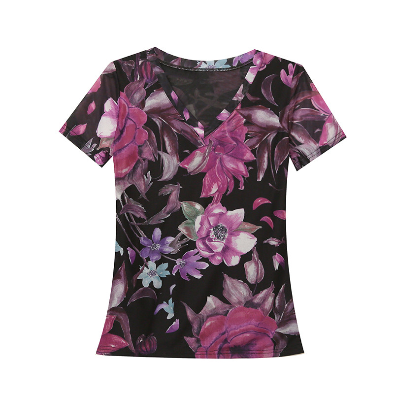 S-3XL Lady Summer Mesh póló V nyakú rövid ujjú divatos nyomott virágos felsők Női rugalmas vékony pólók FF6809