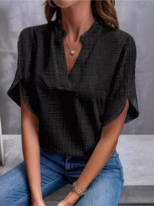 Ljetna elegantna ženska bluza Nova jednobojna široka košulja kratkih rukava s V-izrezom Ležerne majice 2024. Uredske ženske bluze