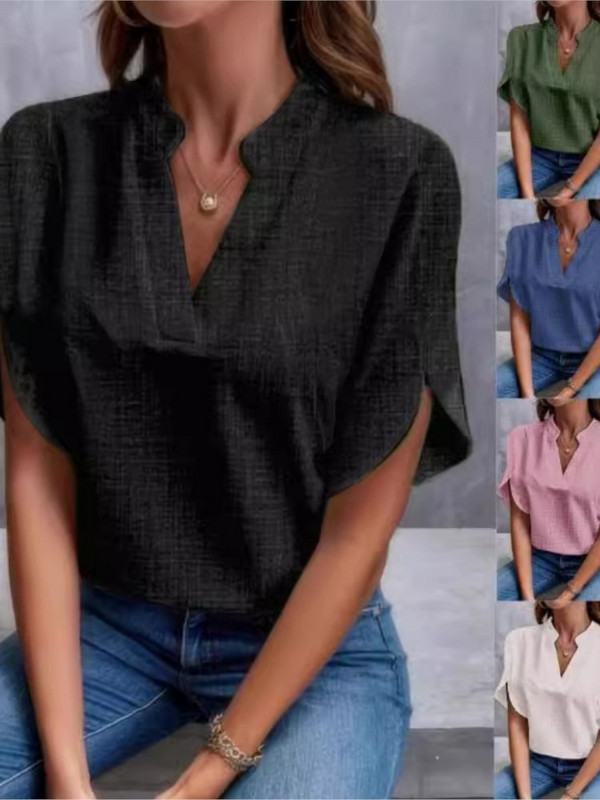 Ljetna elegantna ženska bluza Nova jednobojna široka košulja kratkih rukava s V-izrezom Ležerne majice 2024. Uredske ženske bluze