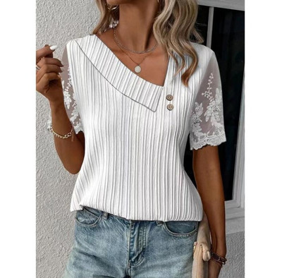 Bluză elegantă de vară pentru femei, ocazional, cu guler oblic din dantelă, tricou cu mânecă scurtă, Topuri pentru femei, nasturi simpli, cămăși și bluze largi