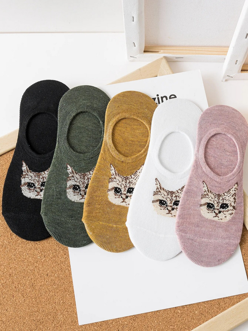 5 perechi de șosete scurte drăguțe cu imprimeu de desene animate, șosete moi și ușoare decoltate la gleznă, ciorapi și ciorapi de damă