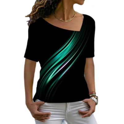 Tricou cu mânecă scurtă Harajuku Tricou cu mânecă scurtă în contrast de culori Tricou cu decolteu în V neregulat de vară pentru femei