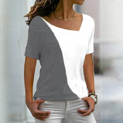 Tricou cu mânecă scurtă Harajuku Tricou cu mânecă scurtă în contrast de culori Tricou cu decolteu în V neregulat de vară pentru femei