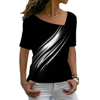 Tricou cu mânecă scurtă Harajuku Tricou cu mânecă scurtă în contrast de culori Tricou cu decolteu în V neregulat de vară pentru femei