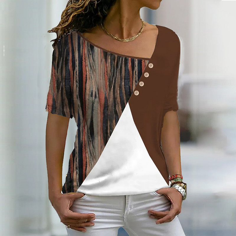 Tricou cu mânecă scurtă Harajuku Tricou cu mânecă scurtă în contrast de culori Tricou cu decolteu în V neregulat de vară pentru femei