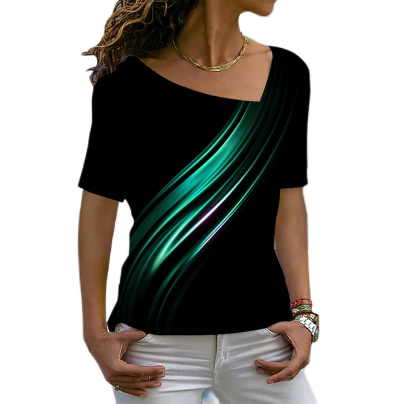 Tricou cu mânecă scurtă Harajuku Tricou cu mânecă scurtă în contrast de culori Tricou cu decolteu în V neregulat de vară pentru femei