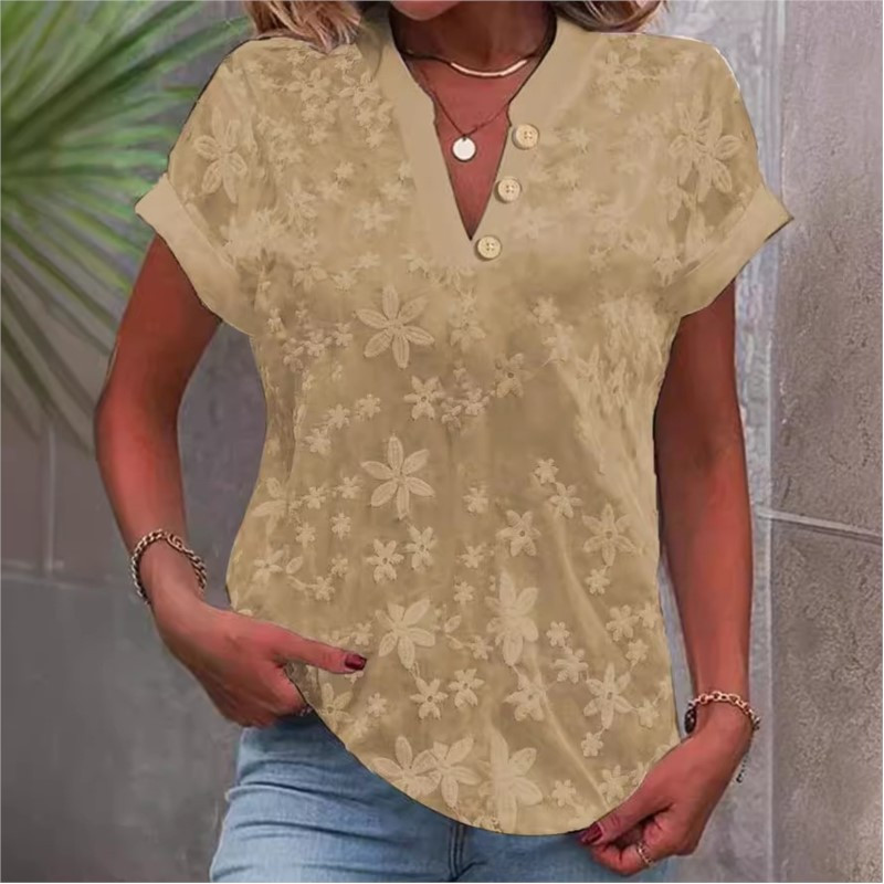 2024, primăvară, vară, simplă, culoare solidă, cămașă cu decolteu în V, top elegant pentru femei, alb, cu mânecă scurtă, bluză, bluză, top