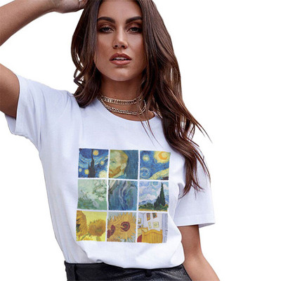 Tricou de vară pentru femei Casual Van Gogh pictură imprimeu Harajuku Tricou cu mânecă scurtă Gât rotund Tricou alb Cămașă Topuri haine pentru femei