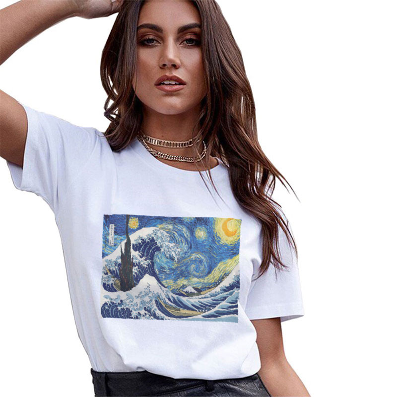 Tricou de vară pentru femei Casual Van Gogh pictură imprimeu Harajuku Tricou cu mânecă scurtă Gât rotund Tricou alb Cămașă Topuri haine pentru femei