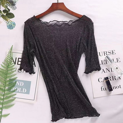 Proljeće ljeto Majica kratkih rukava Ženske srebrne sjajne prozirne elastične ženske bluze 6 boja S-2XL Košulja za djevojčice Y2k Topovi