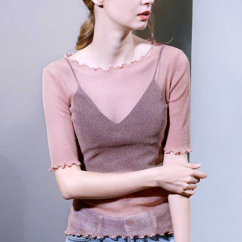 Proljeće ljeto Majica kratkih rukava Ženske srebrne sjajne prozirne elastične ženske bluze 6 boja S-2XL Košulja za djevojčice Y2k Topovi