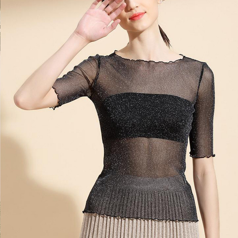 Proljeće ljeto Majica kratkih rukava Ženske srebrne sjajne prozirne elastične ženske bluze 6 boja S-2XL Košulja za djevojčice Y2k Topovi