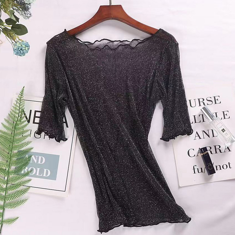 Proljeće ljeto Majica kratkih rukava Ženske srebrne sjajne prozirne elastične ženske bluze 6 boja S-2XL Košulja za djevojčice Y2k Topovi