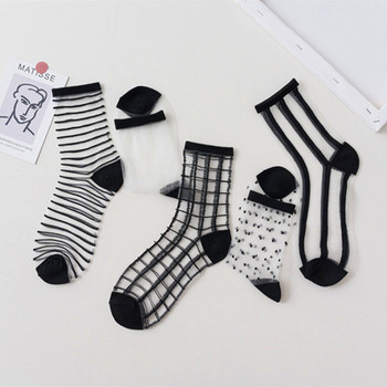 1 чифт дамски чорапи Летни 15 стила Harajuku тънък прозрачен чорап на райета на карирани точки Дишащи забавни чорапи Ежедневни чорапи до глезена