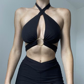 HELIAR pentru femei, sexy, fără mâneci, cu vestă cu legături, crop top Y2K, maiu cu spate, cu inel metalic, bandaj, top, camis, vară