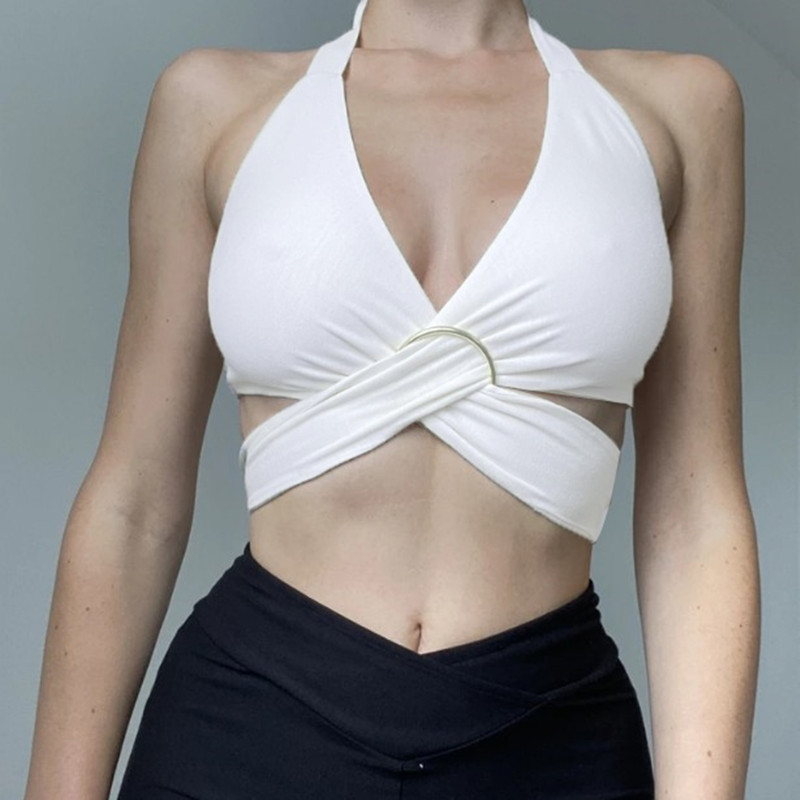 HELIAR pentru femei, sexy, fără mâneci, cu vestă cu legături, crop top Y2K, maiu cu spate, cu inel metalic, bandaj, top, camis, vară