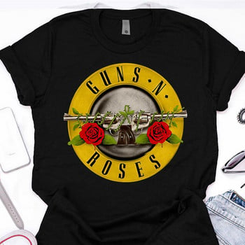 Harajuku Μαύρο μπλουζάκι Γυναικείο GUN N ROSES στάμπα Tshirt Vintage Rock Band Βαμβακερό T-shirt Κοντό μανίκι Streetwear Tumblr Top S-3XL