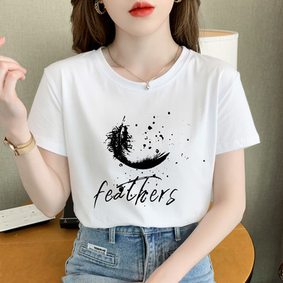 TuangBiang 2022. Ženska ljetna pamučna majica s printom perja Korejska ležerna majica kratkih rukava s O-izrezom boje marelice Ženske majice S-3XL