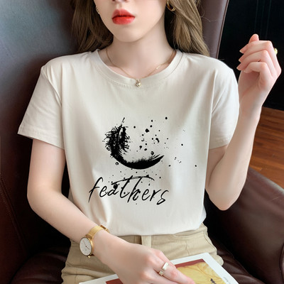 TuangBiang 2022. Ženska ljetna pamučna majica s printom perja Korejska ležerna majica kratkih rukava s O-izrezom boje marelice Ženske majice S-3XL