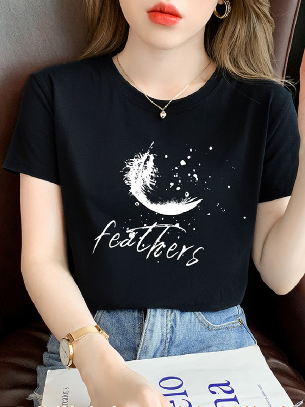 TuangBiang 2022. Ženska ljetna pamučna majica s printom perja Korejska ležerna majica kratkih rukava s O-izrezom boje marelice Ženske majice S-3XL