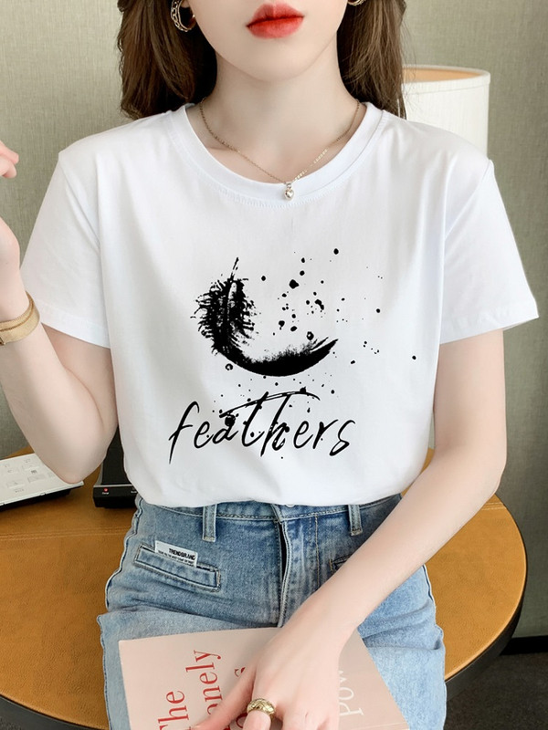 TuangBiang 2022. Ženska ljetna pamučna majica s printom perja Korejska ležerna majica kratkih rukava s O-izrezom boje marelice Ženske majice S-3XL
