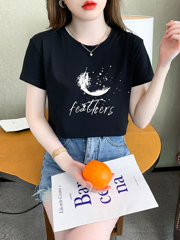 TuangBiang 2022. Ženska ljetna pamučna majica s printom perja Korejska ležerna majica kratkih rukava s O-izrezom boje marelice Ženske majice S-3XL