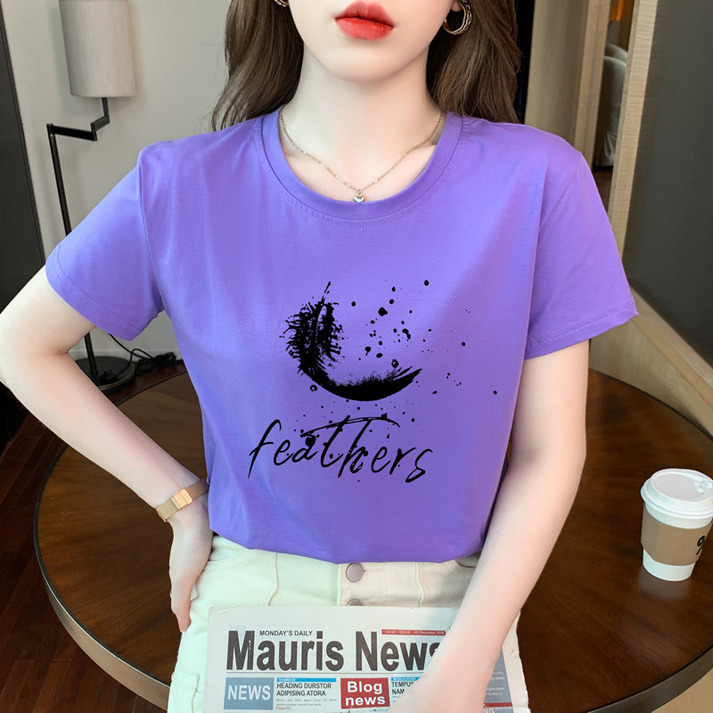 TuangBiang 2022. Ženska ljetna pamučna majica s printom perja Korejska ležerna majica kratkih rukava s O-izrezom boje marelice Ženske majice S-3XL