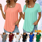 Ljetna nova modna ženska jednobojna plisirana majica kratkih rukava s četvrtastim izrezom, mekana i udobna široka majica velikih veličina S-5XL