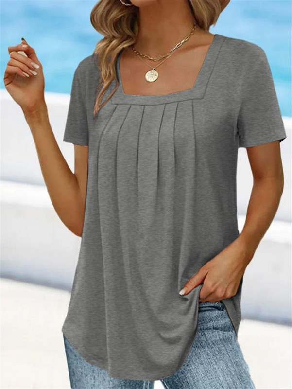 Ljetna nova modna ženska jednobojna plisirana majica kratkih rukava s četvrtastim izrezom, mekana i udobna široka majica velikih veličina S-5XL