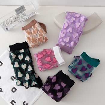 Летни дамски чорапи Японски стил Сладки чорапи от кристално стъкло Копринени чорапи Сърца с принт Ултратънки прозрачни момичета Kawaii Сладки дълги чорапи