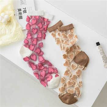 Летни дамски чорапи Японски стил Сладки чорапи от кристално стъкло Копринени чорапи Сърца с принт Ултратънки прозрачни момичета Kawaii Сладки дълги чорапи