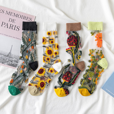 Εξαιρετικά λεπτές διαφανείς κρύσταλλες μεταξωτές γυναικείες κάλτσες καλοκαιρινές δημιουργικές floral ρετρό ελαστικές μεταξωτές κάλτσες με τύπωμα Ultrathin γυαλί μεταξωτές κάλτσες