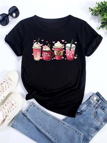 Γυναικείο μπλουζάκι Κορεατικής μόδας Coffee Cup Print Tee γραφικά γυναικεία ρούχα Μπλουζάκια για την ημέρα του Αγίου Βαλεντίνου Lover κοντά μανίκια T-shirt