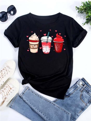 Γυναικείο μπλουζάκι Κορεατικής μόδας Coffee Cup Print Tee γραφικά γυναικεία ρούχα Μπλουζάκια για την ημέρα του Αγίου Βαλεντίνου Lover κοντά μανίκια T-shirt