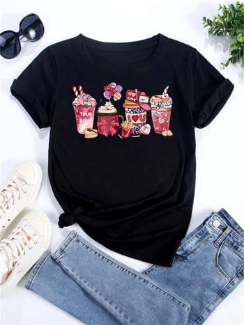 Γυναικείο μπλουζάκι Κορεατικής μόδας Coffee Cup Print Tee γραφικά γυναικεία ρούχα Μπλουζάκια για την ημέρα του Αγίου Βαλεντίνου Lover κοντά μανίκια T-shirt