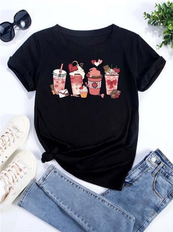 Γυναικείο μπλουζάκι Κορεατικής μόδας Coffee Cup Print Tee γραφικά γυναικεία ρούχα Μπλουζάκια για την ημέρα του Αγίου Βαλεντίνου Lover κοντά μανίκια T-shirt